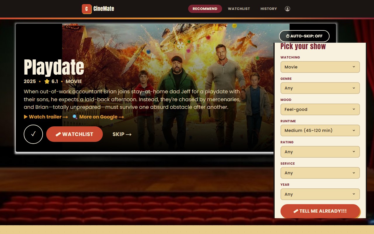 CineMate — a retro movie-theater themed recommendation app