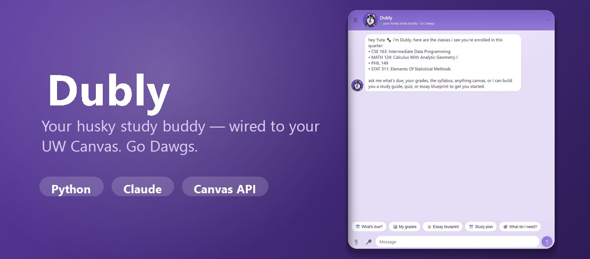 Dubly — a husky-themed study buddy wired to UW Canvas