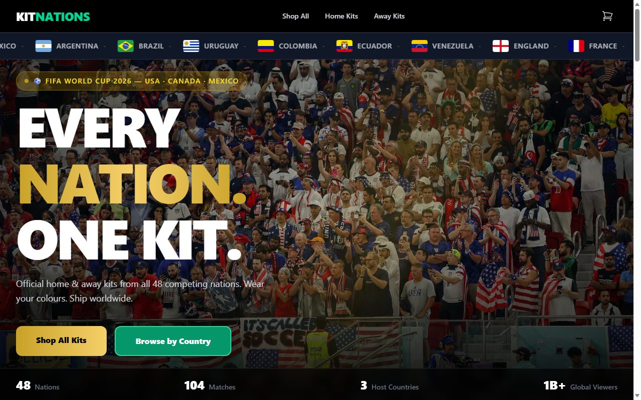 Screenshot of the KitNations store homepage