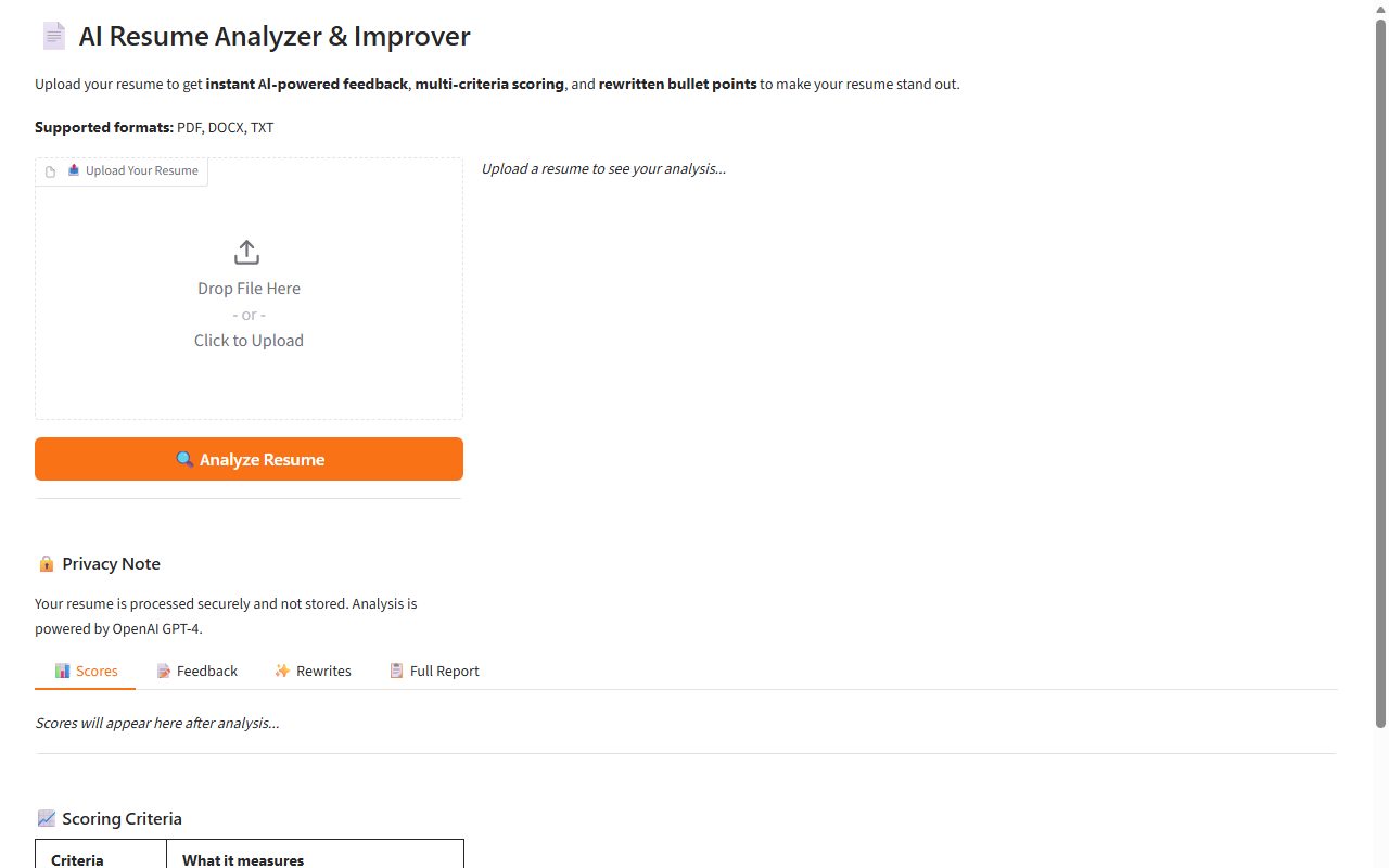 Screenshot of the AI Resume Analyzer