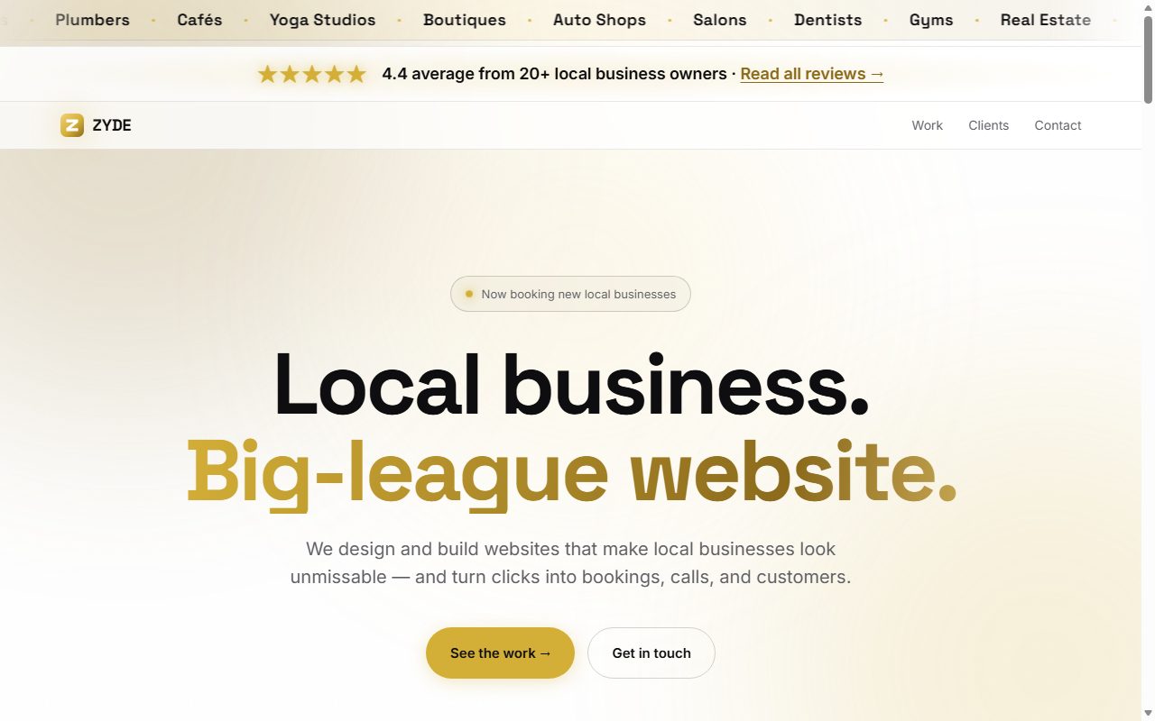 Screenshot of the Zyde studio homepage